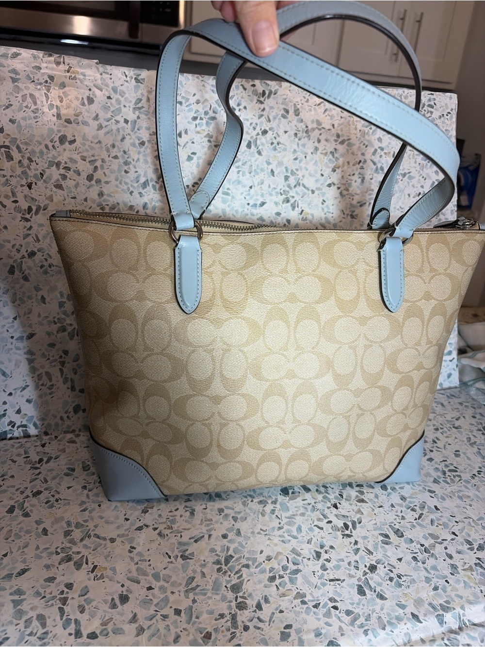 Coach City Zip Tote Signature Canvas Khaki Powder Blue F29208 - Picture 3 of 8